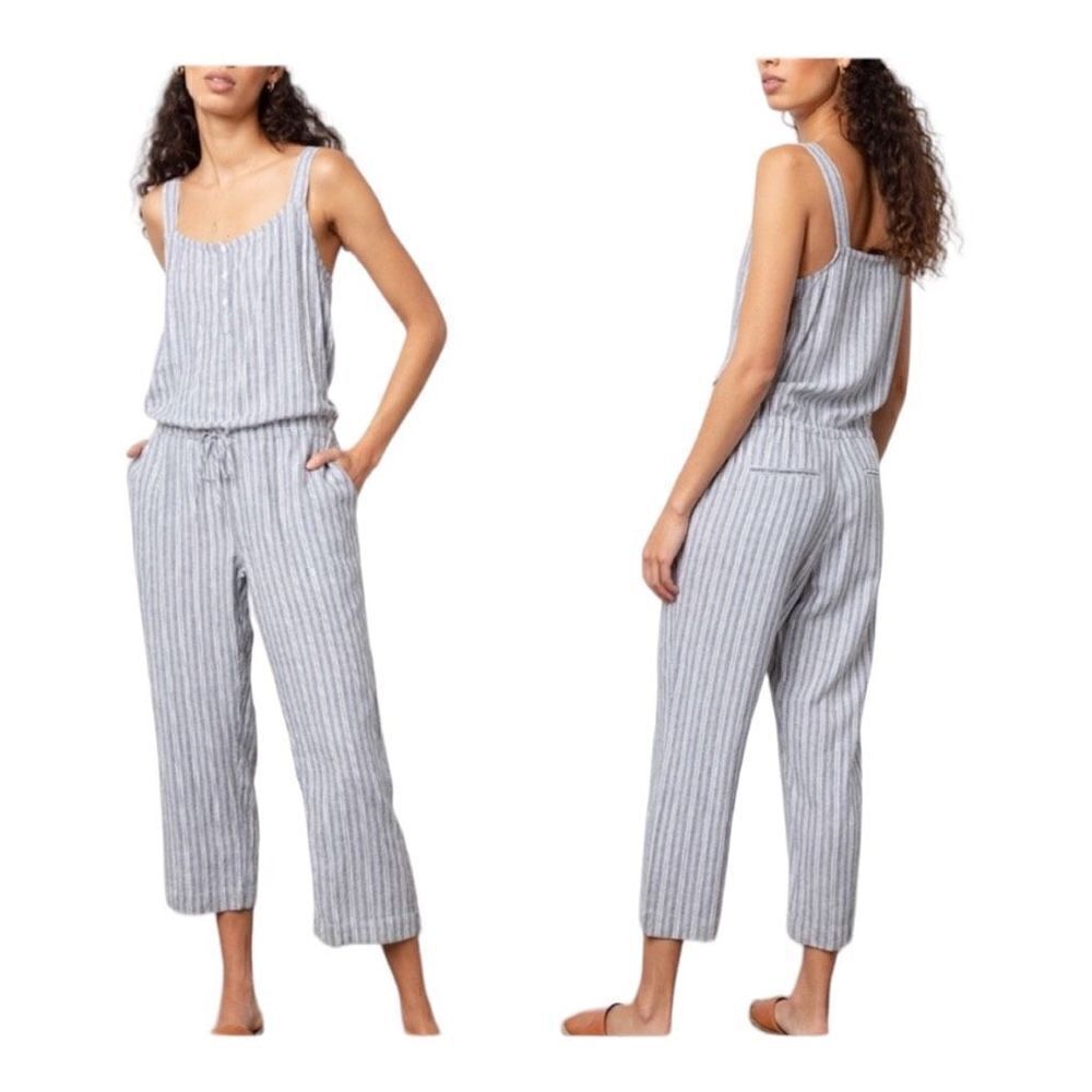 Rails Brooklyn Linen Blend Grey and White Striped Cropped Jumpsuit Size S